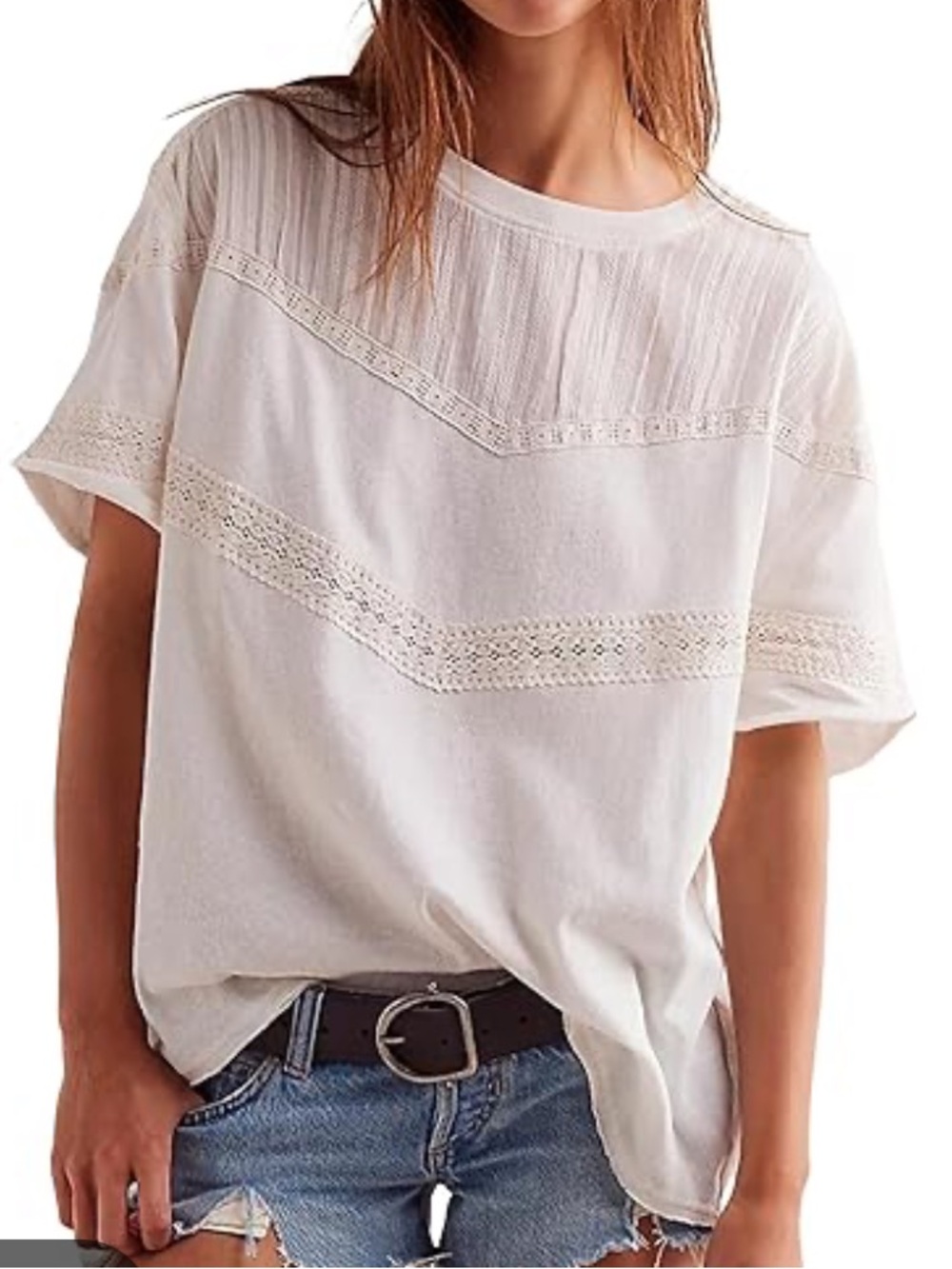 We The Free Shirt Womens M White Crew Neck Short Sleeve Sheer Crochet Lace Top